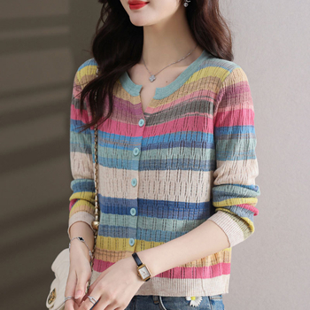 Női csíkos kötött kardigán hosszú ujjú, pamut-poliészter keverék, egyszárnyú gombolás, normál hosszúság