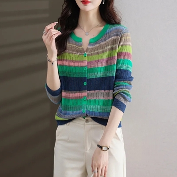 Női csíkos kötött kardigán hosszú ujjú, pamut-poliészter keverék, egyszárnyú gombolás, normál hosszúság