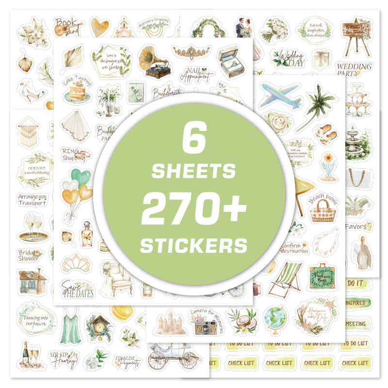 Esküvős tervező matricák készlet, 6 db, Reputation márka, öntapadós, aranyos stílus, nyomtatott kivitel