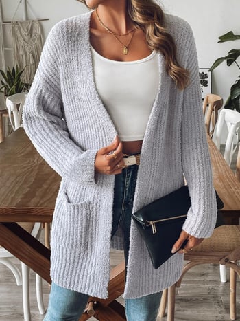 Cardigan damă din velur cu poliester, lungime medie, decolteu în V, mâneci lungi, design colaj