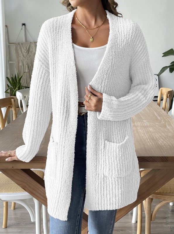 Cardigan damă din velur cu poliester, lungime medie, decolteu în V, mâneci lungi, design colaj