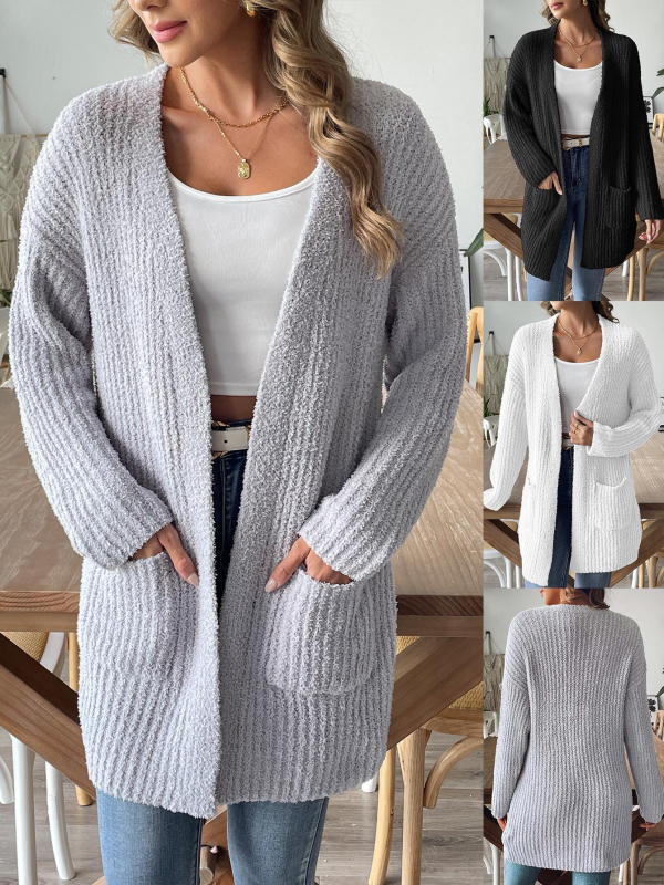 Cardigan damă din velur cu poliester, lungime medie, decolteu în V, mâneci lungi, design colaj