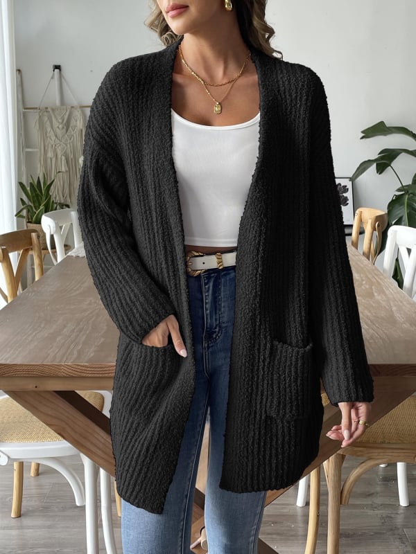 Cardigan damă din velur cu poliester, lungime medie, decolteu în V, mâneci lungi, design colaj