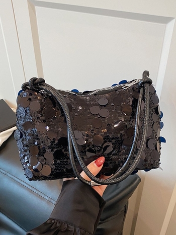 PU crossbody torbica s šljokicama – gradski stil, horizontalni kvadratni oblik, zatvoren otvor, unutarnji džepovi za telefon i ID