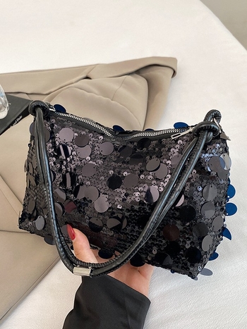 PU crossbody torbica s šljokicama – gradski stil, horizontalni kvadratni oblik, zatvoren otvor, unutarnji džepovi za telefon i ID