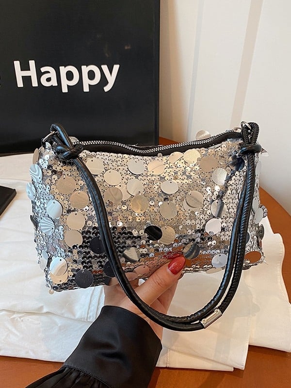 PU crossbody torbica s šljokicama – gradski stil, horizontalni kvadratni oblik, zatvoren otvor, unutarnji džepovi za telefon i ID