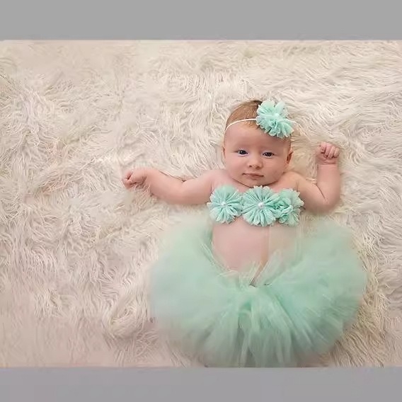 Детско облекло за фотосесия: tutu пола, принцес рокля и украса за глава (три части) – найлон плат, 80% съдържание; подходящо за новородени (0–1 г); детски сценични/танцови дрехи; пролет 2025