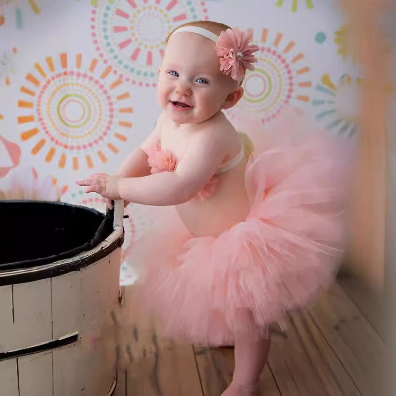 Детско облекло за фотосесия: tutu пола, принцес рокля и украса за глава (три части) – найлон плат, 80% съдържание; подходящо за новородени (0–1 г); детски сценични/танцови дрехи; пролет 2025