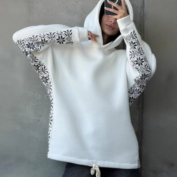 Pulover de damă cu model geometric, croială lejeră, mâneci lungi, guler rotund, grosime medie