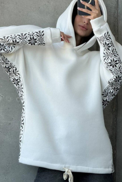 Pulover de damă cu model geometric, croială lejeră, mâneci lungi, guler rotund, grosime medie