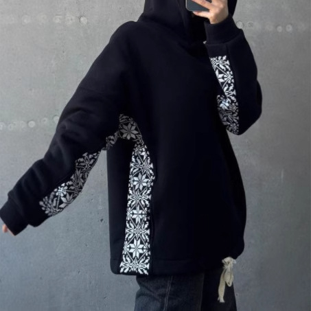 Pulover de damă cu model geometric, croială lejeră, mâneci lungi, guler rotund, grosime medie