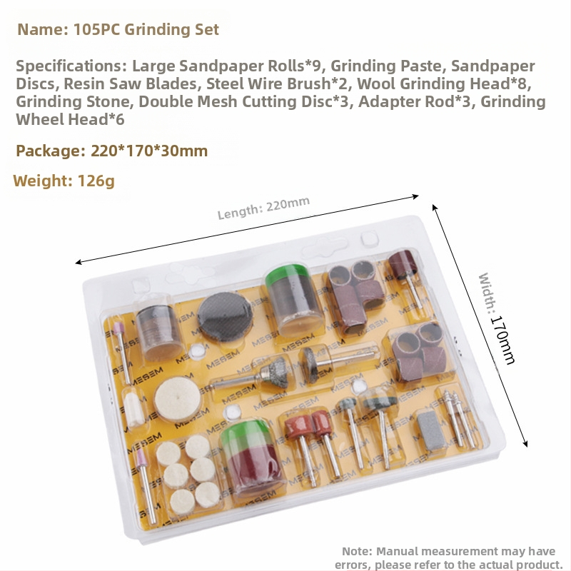 Koka kastes piederumu komplekts slīpēšanai un pulēšanai – 100/105/166 gabalos; Modelis 3.175; Materiāls: patēriņa materiāli; Piemērošana: slīpēšana un pulēšana; Apstrādes pielāgošana nav