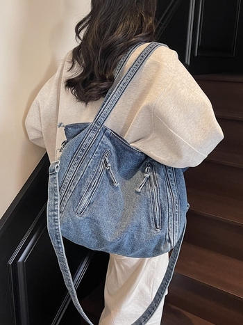 Ženska denim crossbody tote torba, street fashion, velika kapaciteta, zatvarač, poliester podstava, džep za telefon