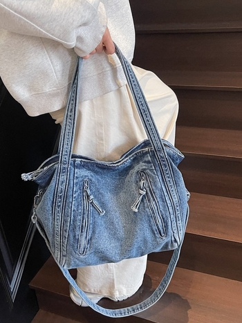 Ženska denim crossbody tote torba, street fashion, velika kapaciteta, zatvarač, poliester podstava, džep za telefon