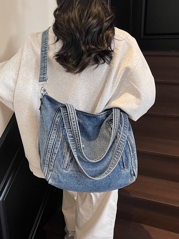Ženska denim crossbody tote torba, street fashion, velika kapaciteta, zatvarač, poliester podstava, džep za telefon