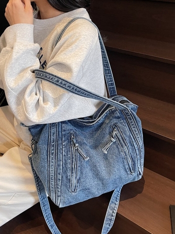 Ženska denim crossbody tote torba, street fashion, velika kapaciteta, zatvarač, poliester podstava, džep za telefon