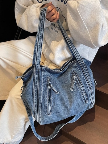Ženska denim crossbody tote torba, street fashion, velika kapaciteta, zatvarač, poliester podstava, džep za telefon