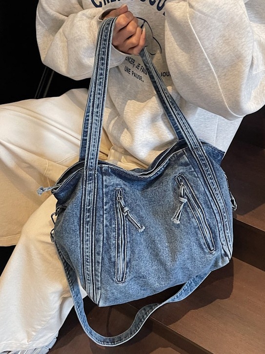 Ženska denim crossbody tote torba, street fashion, velika kapaciteta, zatvarač, poliester podstava, džep za telefon