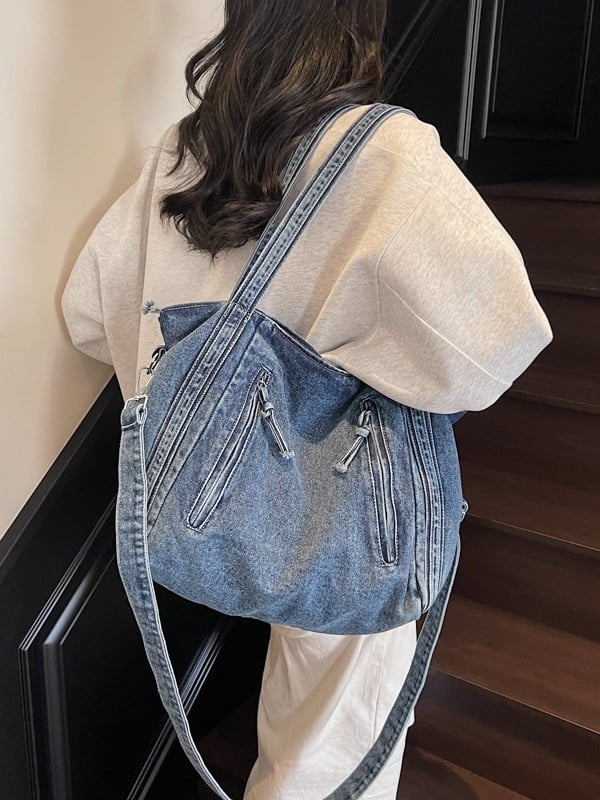 Ženska denim crossbody tote torba, street fashion, velika kapaciteta, zatvarač, poliester podstava, džep za telefon