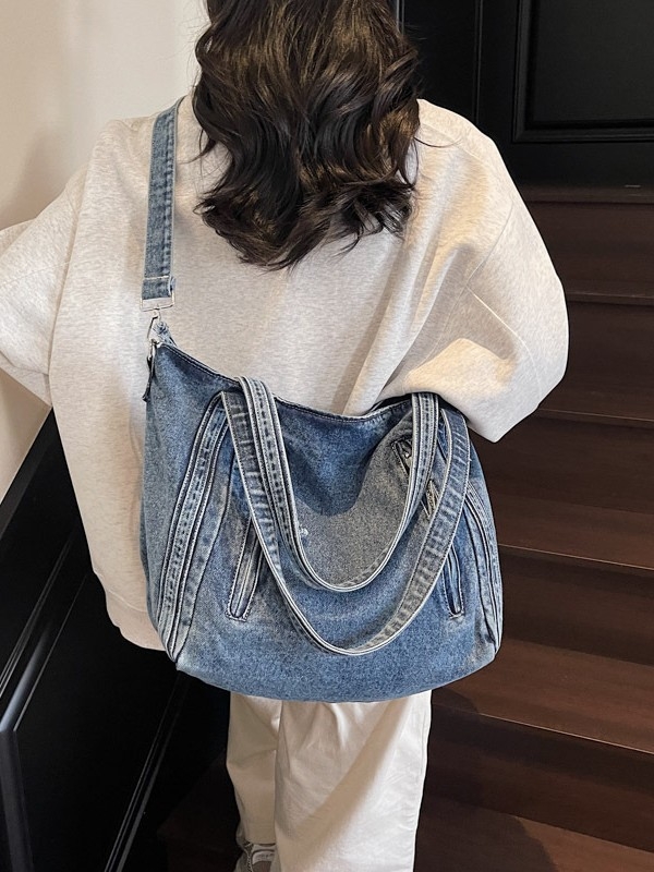 Ženska denim crossbody tote torba, street fashion, velika kapaciteta, zatvarač, poliester podstava, džep za telefon
