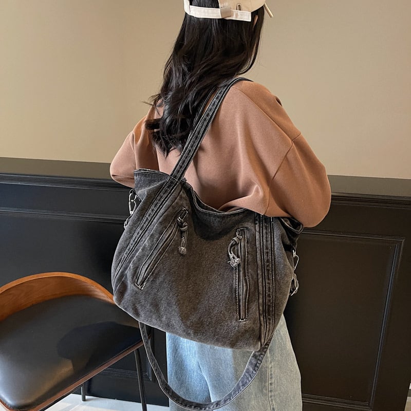 Ženska denim crossbody tote torba, street fashion, velika kapaciteta, zatvarač, poliester podstava, džep za telefon