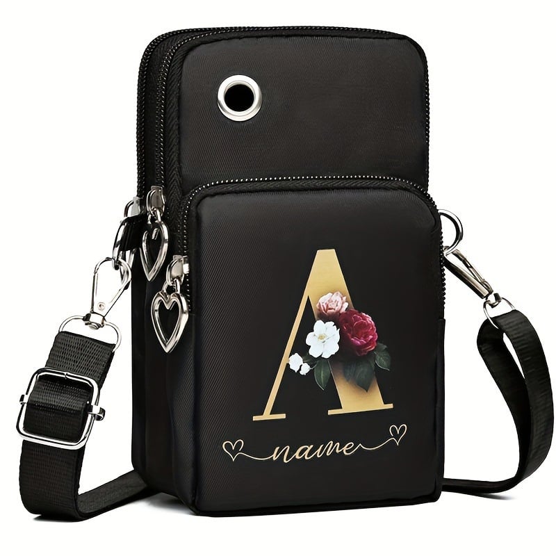 Diagonális keresztpántos telefontáska nylon külsővel, poliészter bélés, cipzáras nyitás, függőleges négyzet alakú forma, egy vállpánttal