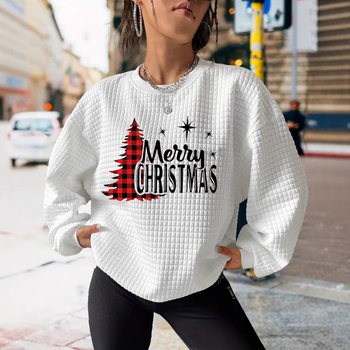 Pulover casual pentru femei cu imprimeu de Crăciun, mâneci lungi, guler rotund, toamnă 2024, țesătură principală: poliester 70–80%, bumbac roman, stil casual japonez/coreean