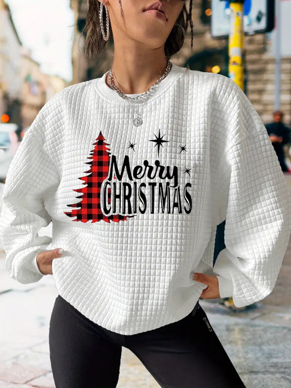 Pulover casual pentru femei cu imprimeu de Crăciun, mâneci lungi, guler rotund, toamnă 2024, țesătură principală: poliester 70–80%, bumbac roman, stil casual japonez/coreean
