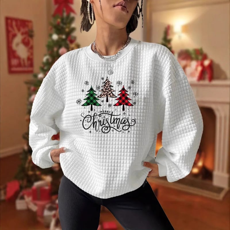 Pulover casual pentru femei cu imprimeu de Crăciun, mâneci lungi, guler rotund, toamnă 2024, țesătură principală: poliester 70–80%, bumbac roman, stil casual japonez/coreean
