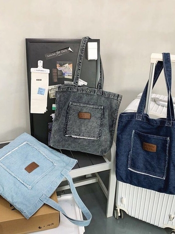 Denim torba za rame s kutijastim oblikom, zatvaračem, poliesterom podstavom, džepovi za telefon, ID i kameru
