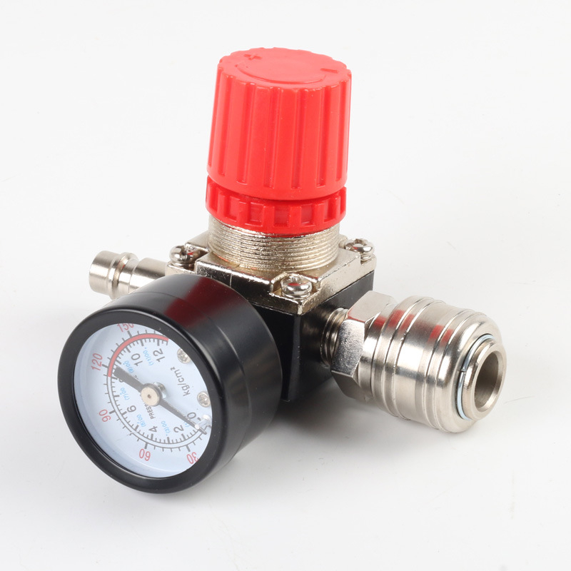 Регулатор на налягането за въздушен компресор с манометър, 120 PSI, три отвора, квадратно метално тяло, превключвател, немски стил