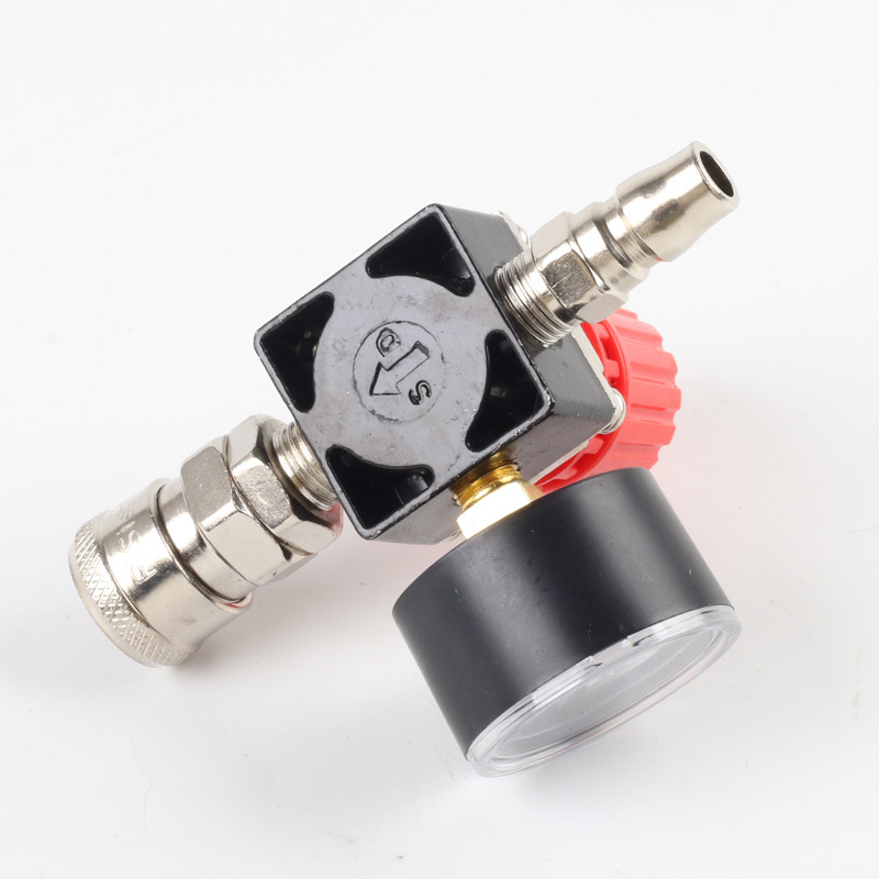 Регулатор на налягането за въздушен компресор с манометър, 120 PSI, три отвора, квадратно метално тяло, превключвател, немски стил