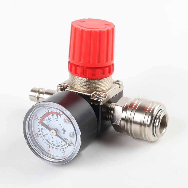 Регулатор на налягането за въздушен компресор с манометър, 120 PSI, три отвора, квадратно метално тяло, превключвател, немски стил