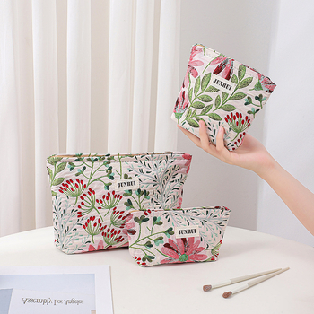 Чанта за козметика, Инста-стил, голям капацитет (материал: плат, флорален модел, подплата от платно, унисекс дизайн)
