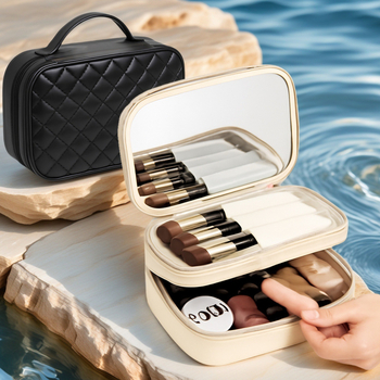 PU kozmetikai táska kockás mintával, poliészter bélés, bővíthető utazótáska uniszex használatra