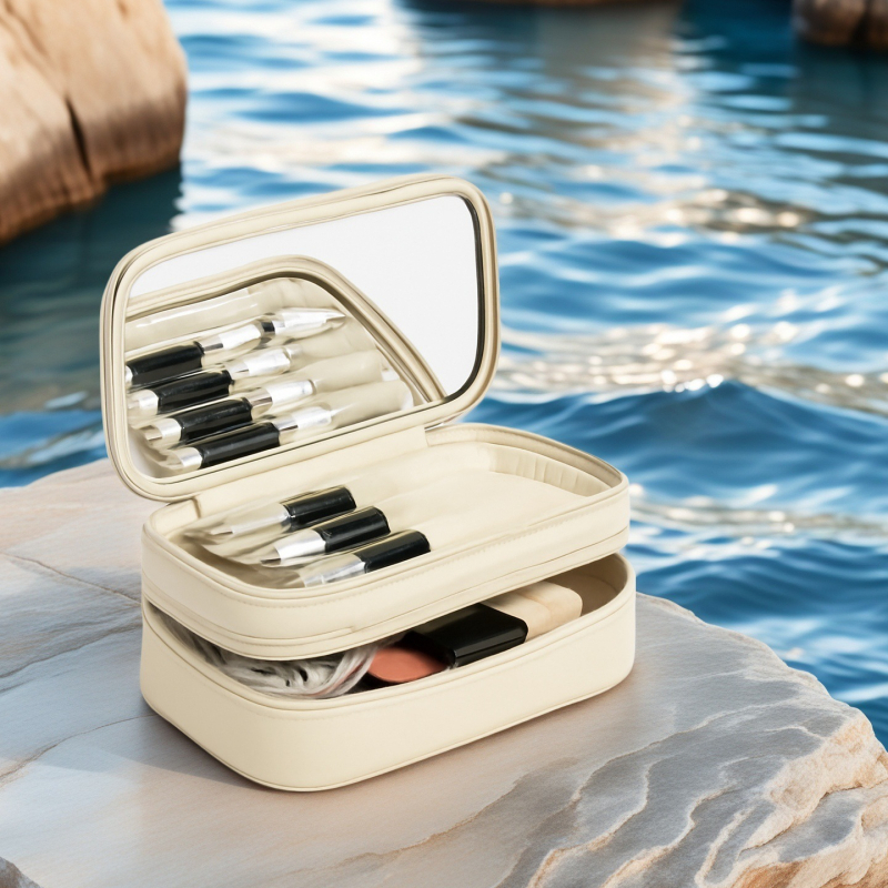 PU kozmetikai táska kockás mintával, poliészter bélés, bővíthető utazótáska uniszex használatra