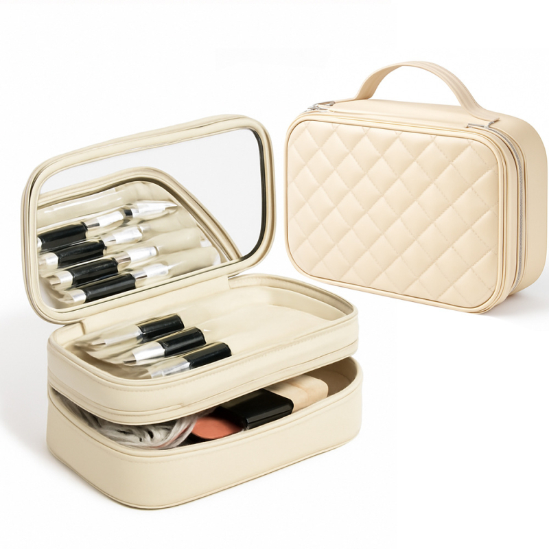 PU kozmetikai táska kockás mintával, poliészter bélés, bővíthető utazótáska uniszex használatra