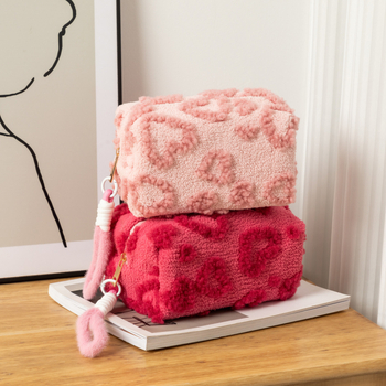 Dongjin плюшена козметична чанта – голям капацитет, геометричен принт, подплата от полиестер, дишаща