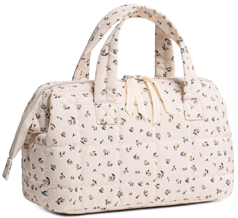 Geantă de toaletă din nylon, personalizată, cu fermoar de deschidere, formă orizontală pătrată, buzunar interior cu fermoar, model grilă reliefată