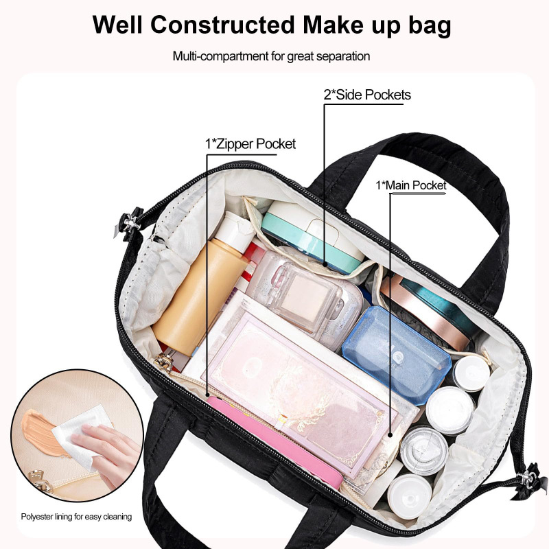 Geantă de toaletă din nylon, personalizată, cu fermoar de deschidere, formă orizontală pătrată, buzunar interior cu fermoar, model grilă reliefată