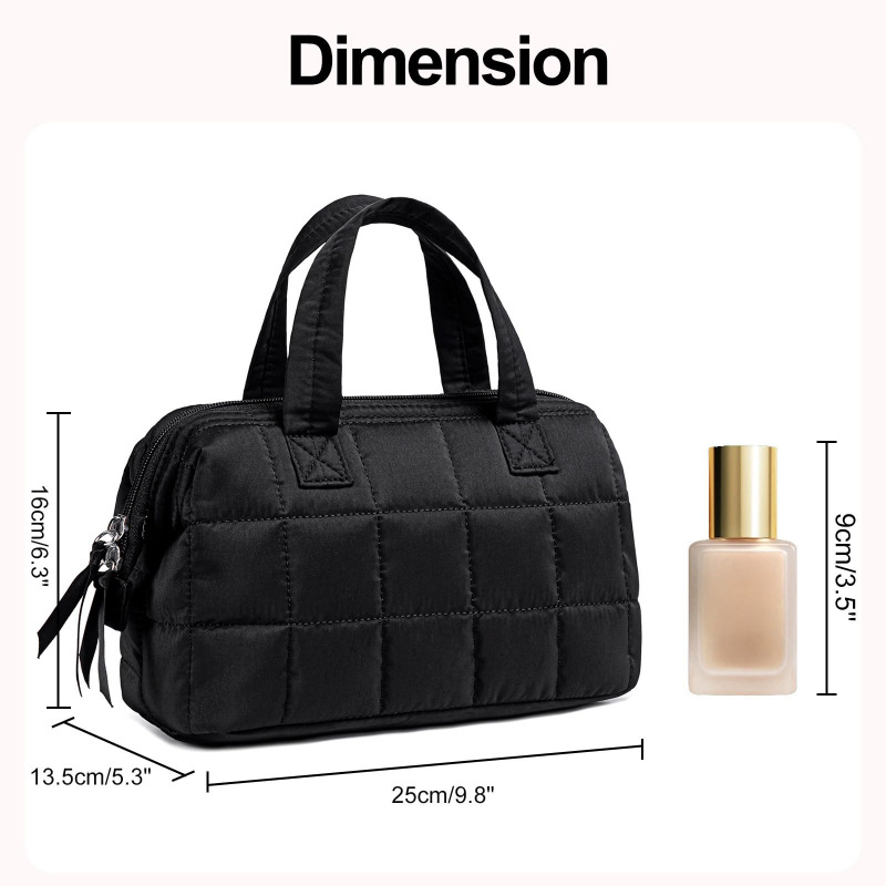 Geantă de toaletă din nylon, personalizată, cu fermoar de deschidere, formă orizontală pătrată, buzunar interior cu fermoar, model grilă reliefată