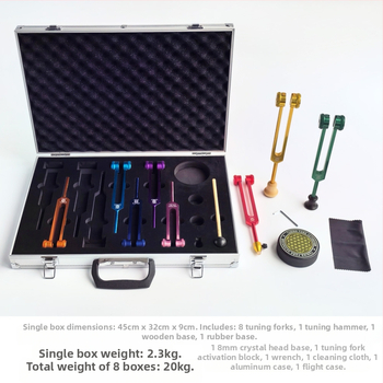 Комплект от осем tuning forks с активационни блокове; твърда алуминиева сплав; модел 136.1Hz-272.2Hz; честоти: 126.22, 136.1, 141.27, 172.06, 194.18, 210.42, 221.23; за музикална терапия, физиотерапия и йога