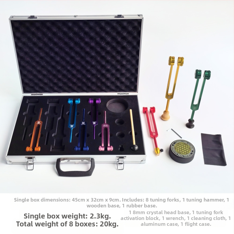 Комплект от осем tuning forks с активационни блокове; твърда алуминиева сплав; модел 136.1Hz-272.2Hz; честоти: 126.22, 136.1, 141.27, 172.06, 194.18, 210.42, 221.23; за музикална терапия, физиотерапия и йога