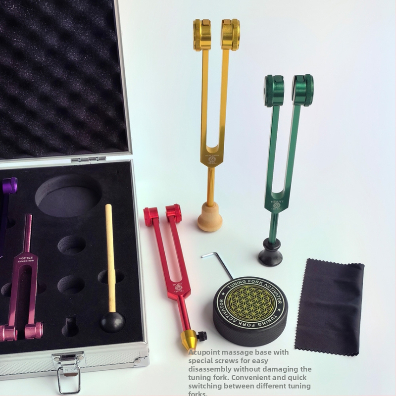 Комплект от осем tuning forks с активационни блокове; твърда алуминиева сплав; модел 136.1Hz-272.2Hz; честоти: 126.22, 136.1, 141.27, 172.06, 194.18, 210.42, 221.23; за музикална терапия, физиотерапия и йога