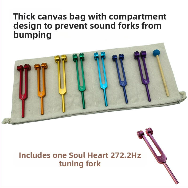 Комплект от осем tuning forks с активационни блокове; твърда алуминиева сплав; модел 136.1Hz-272.2Hz; честоти: 126.22, 136.1, 141.27, 172.06, 194.18, 210.42, 221.23; за музикална терапия, физиотерапия и йога