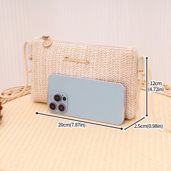 Ψάθινη μικρή τετράγωνη τσάντα με φερμουάρ, θήκη για κινητό, Καλοκαίρι 2025