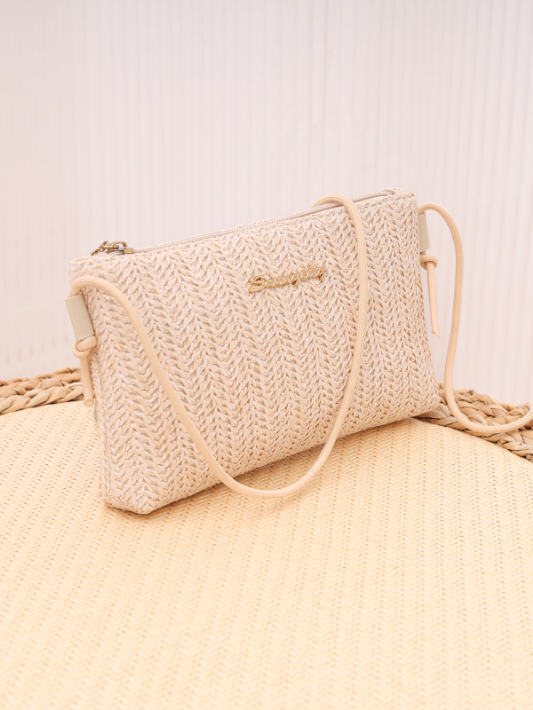 Ψάθινη μικρή τετράγωνη τσάντα με φερμουάρ, θήκη για κινητό, Καλοκαίρι 2025