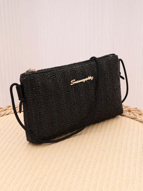 Ψάθινη μικρή τετράγωνη τσάντα με φερμουάρ, θήκη για κινητό, Καλοκαίρι 2025