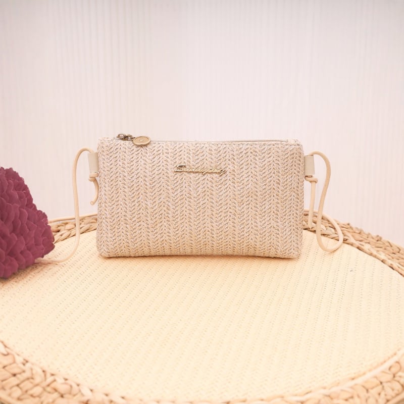 Ψάθινη μικρή τετράγωνη τσάντα με φερμουάρ, θήκη για κινητό, Καλοκαίρι 2025