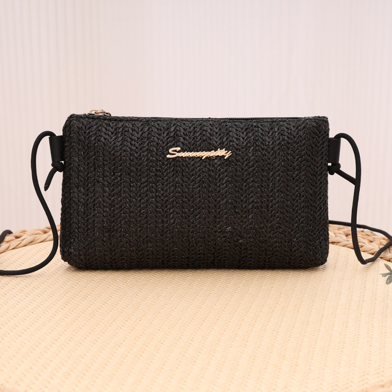 Ψάθινη μικρή τετράγωνη τσάντα με φερμουάρ, θήκη για κινητό, Καλοκαίρι 2025